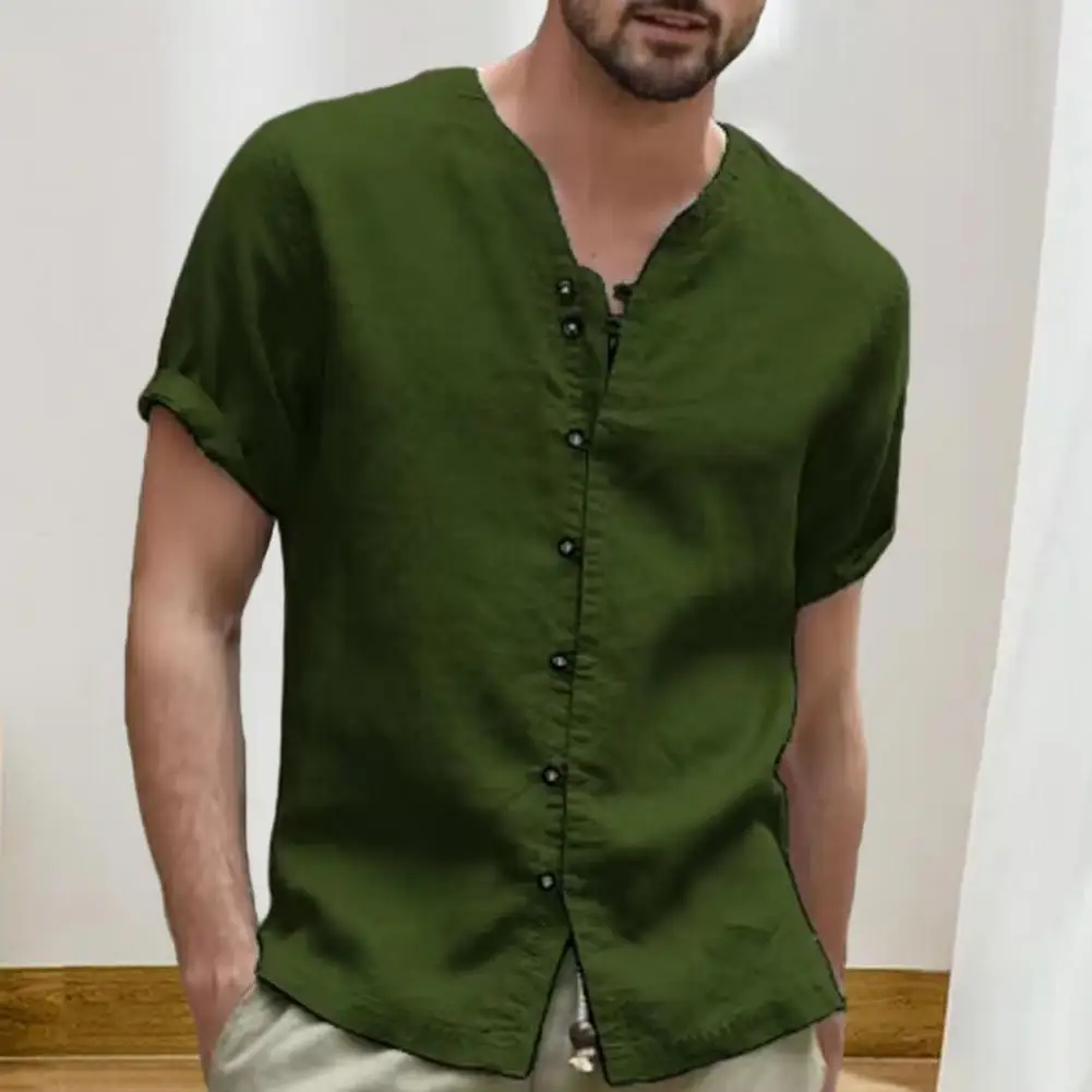 

Рубашка мужская хлопково-льняная с ложным воротником, повседневная однотонная блузка свободного покроя в стиле ретро, с V-образным вырезом и коротким рукавом, размеры стандарта США, на лето