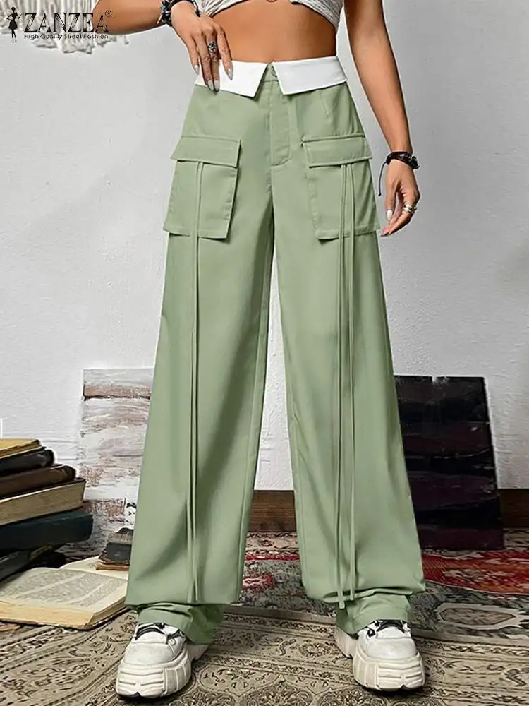 

ZANZEA Vintage High Waist Cargo Pants Women Fashion Big Pockets Trouser Casual Loose Flip Colorblock Waist Long Bottoms Oversize