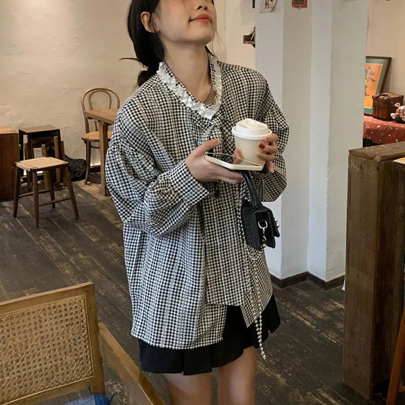 Свободная блузка с кружевом для поездок на работу клетчатая женская одежда