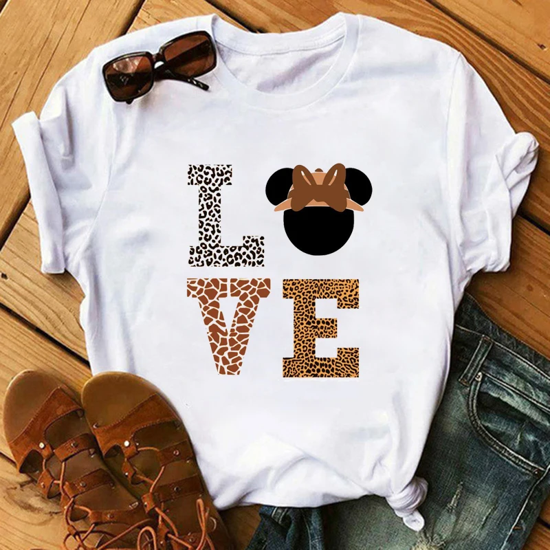 

New Trendy Women T-Shirts Leopard Print Love Mouse Female Shirt Casual White Women Tops Femme Tees Fashion Woman Blouses 2022