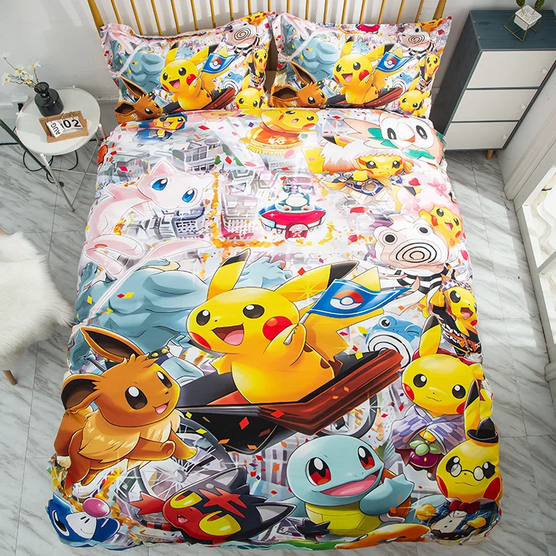 

3pcs/set Pokemon Cartoon Bedding Action Figures Pikachu Charmander Single Double King Quilt Cover Bedspead Kids Gifts
