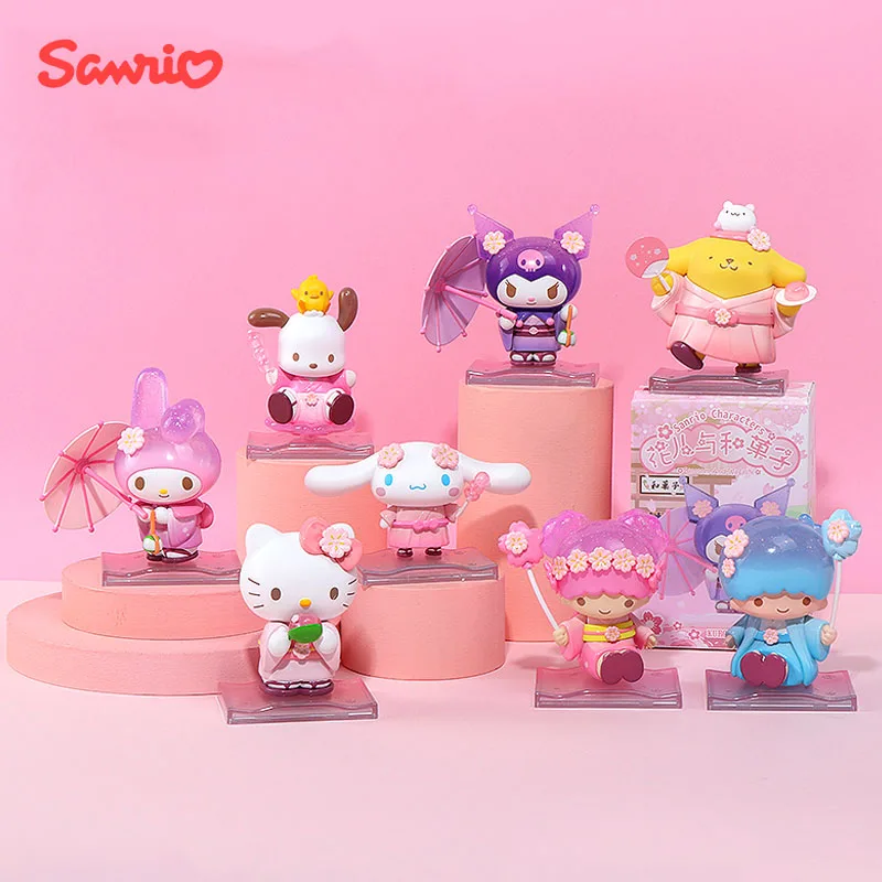 

Sanrio Characters Cute Kuromi Cinnamoroll Hello Kitty Melody Pocahcco Blind Box Figure Toys Flowers and Fruits Doll Collection