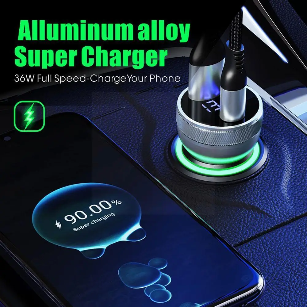 

USB Car Charger Quick Charge Car Charger For iPhone Samsung Laptop LED Display Dual Port PD QC Fast Phone Charger J2W0