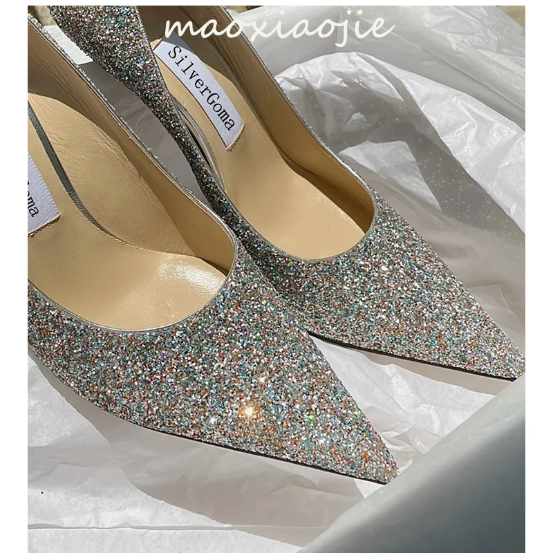 Spring and summer new pointed toe shallow mouth sequin fashion sandals stiletto dress all-match small size women's shoes