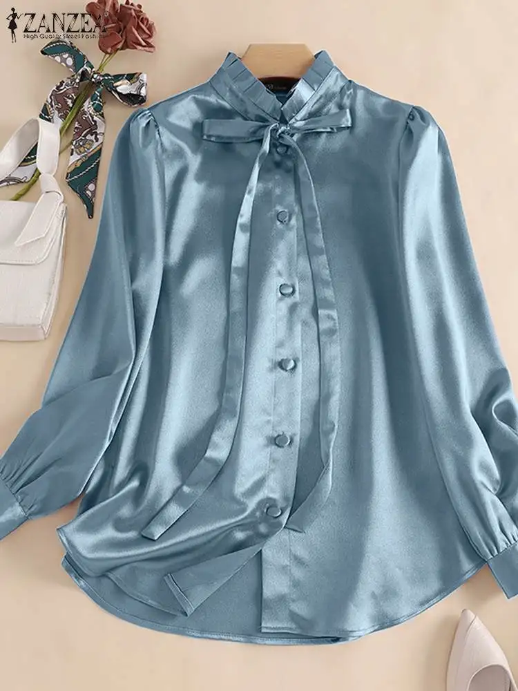 

Топ ZANZEA женский атласный свободного кроя, Офисная рубашка оверсайз с длинным рукавом, уличная одежда, повседневная однотонная блузка, весна...