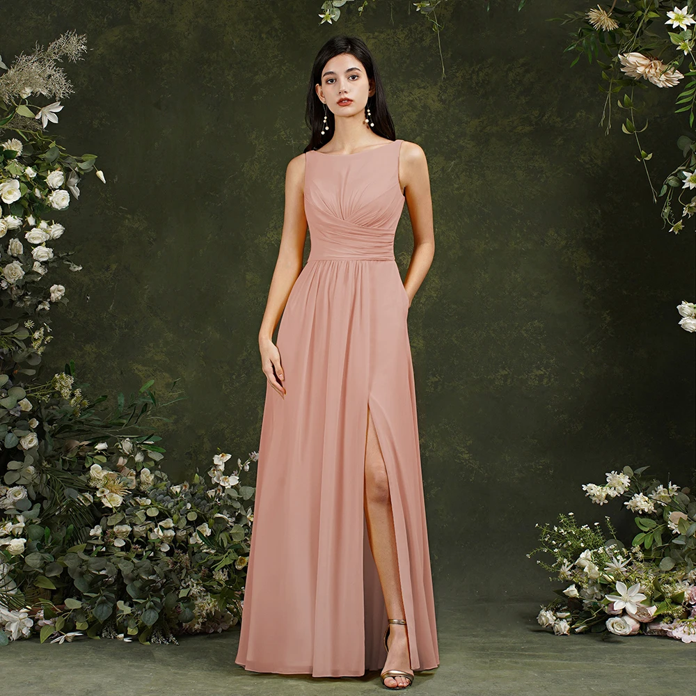 MisShow Dusty Rose Chiffon Bridesmaid Dresses With Slit 2022 Pleated Long Maid of Honor Dress Formal Women Prom Party Gowns
