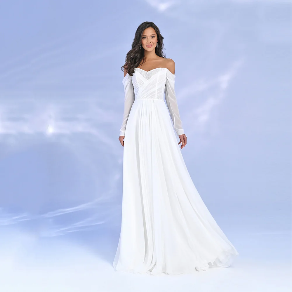 

Modern Wedding Dresses Simple V-Neck Lace Up Off Shoulder Bride Dress Glitter Beaded Long Sleeve Chiffon Bridal Gown For Women