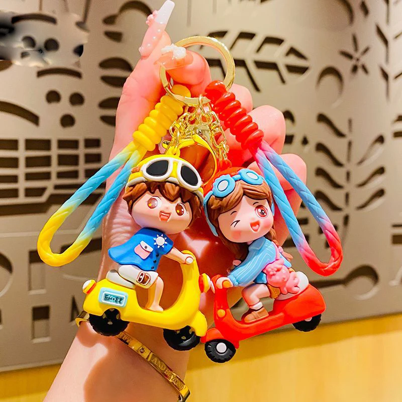 

Cartoon Trolley Couple Key Chain Holiday Motorcycle Boy Girl PVC Keychain Charm Bag Key Ring Party Birthday Gifts for Children
