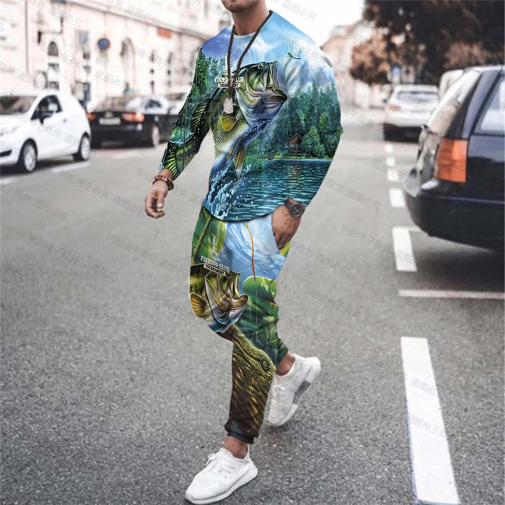 New Bass Fishing T-Shirt Long Sleeve Sweatshirt Print Crew Neck Outdoor Fishing Vacation Fun Sports Streetwear Pant Set