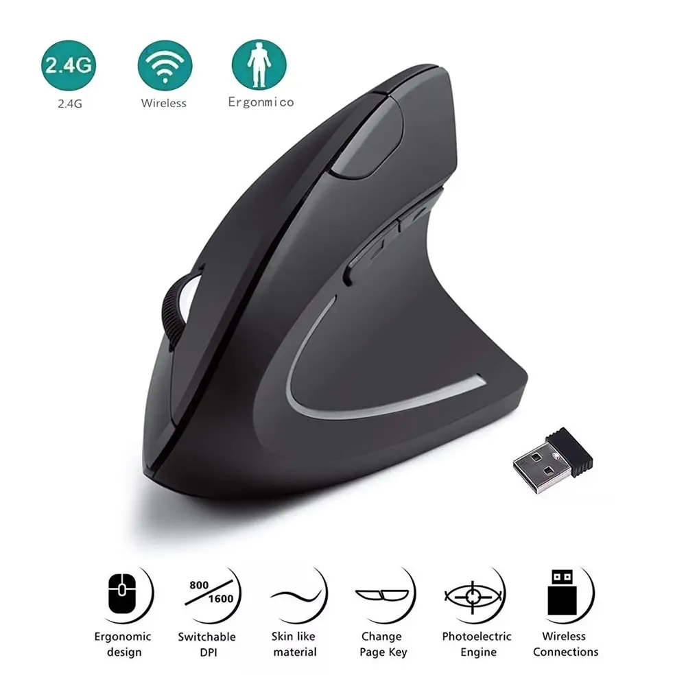 Vertical Mouse Ergonomic 2.4GHz Wireless Optical Mice 3 Adjustable DPI 800/1200/1600 6 Buttons for Laptop PC Computer Desktop
