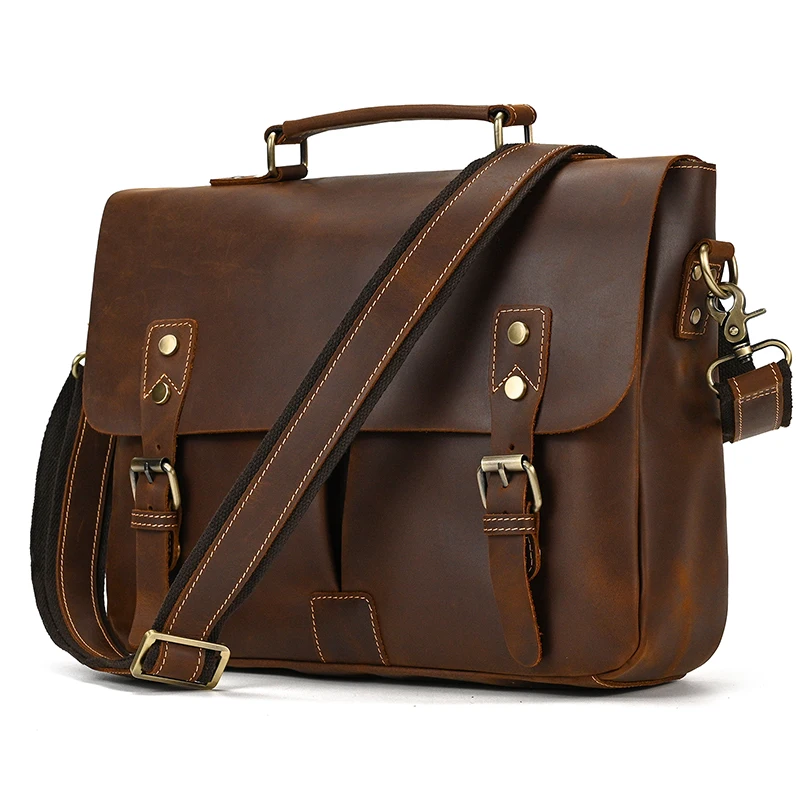 Newsbirds Leather Briefcase Shoulder Bag Vintage Style Men's Crossbody Bags For A4 Books Messenger For Men Women Handbags