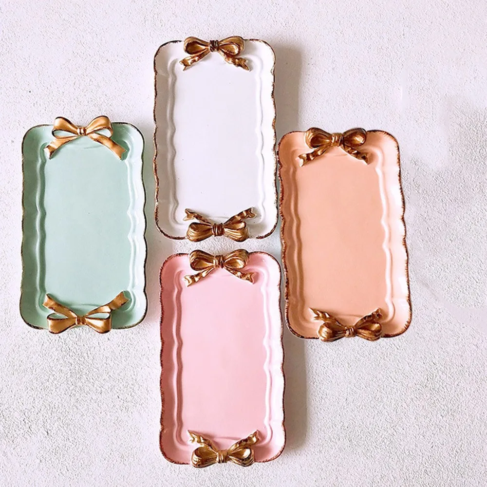 

A50I European Style Bow Cake Storage Trays Makeup Organizer Dessert Plate Square Decor Tray Kitchen Storage Trays 12X20cm