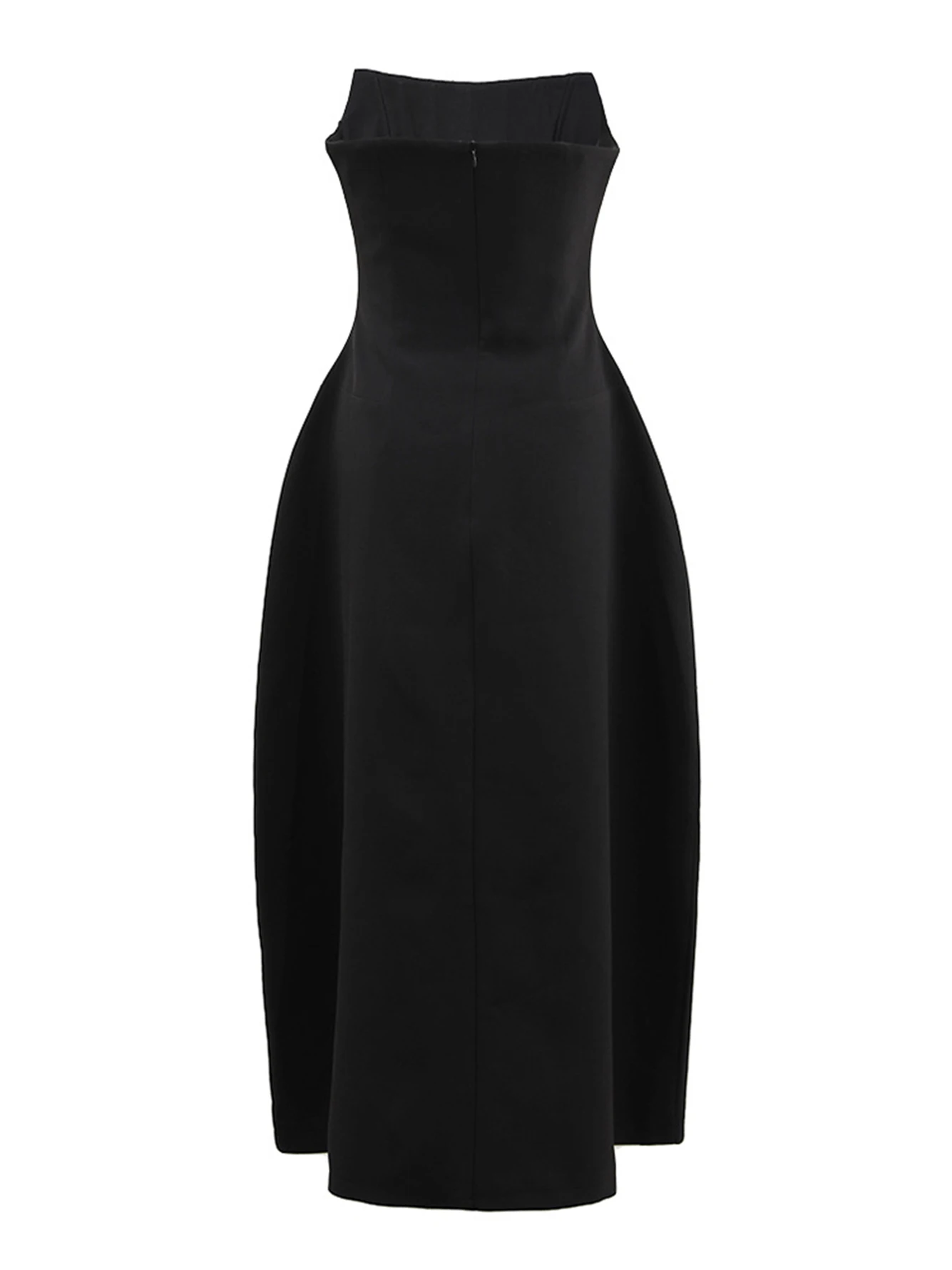 Женское черное платье-миди с открытой спиной без бретелек