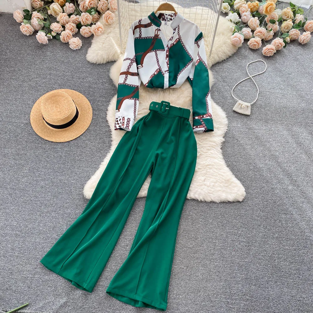 

Amolapha New Spring Autumn Women OL Style 2pcs Sets Single Breasted Long Sleeve Shirts+High Waist Sashes Wide Legs Pant Outfits