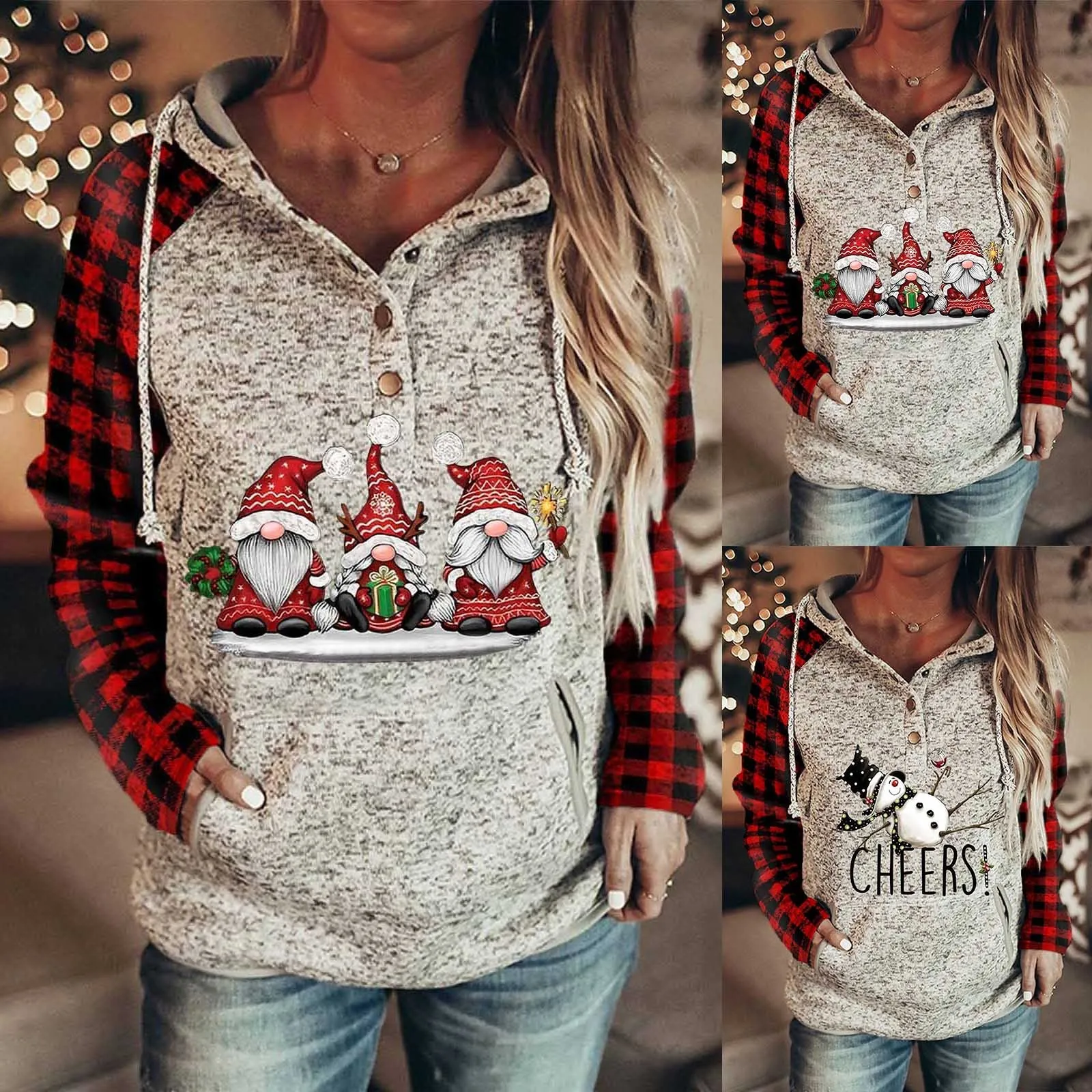 

Женский пуловер, толстовки в клетку, свитшоты с длинным рукавом и пуговицами на пуговицах с рождественским принтом, свитшот с капюшоном из флиса