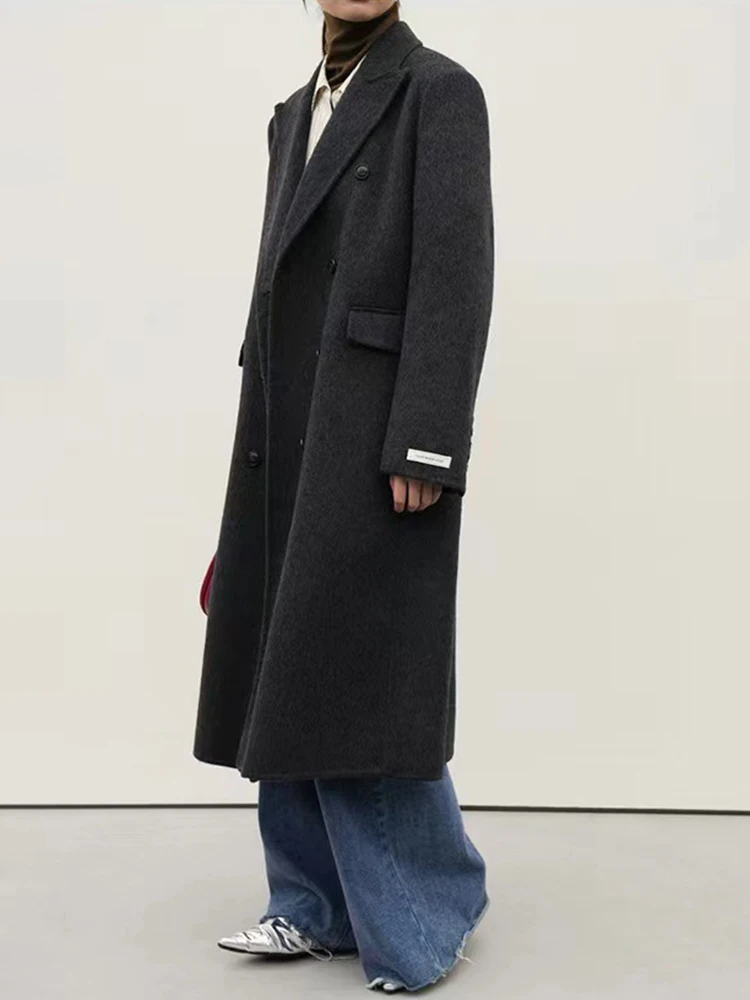 LGRQ офисные женские теплые шерстяные пальто для женщин двубортная модная длинная