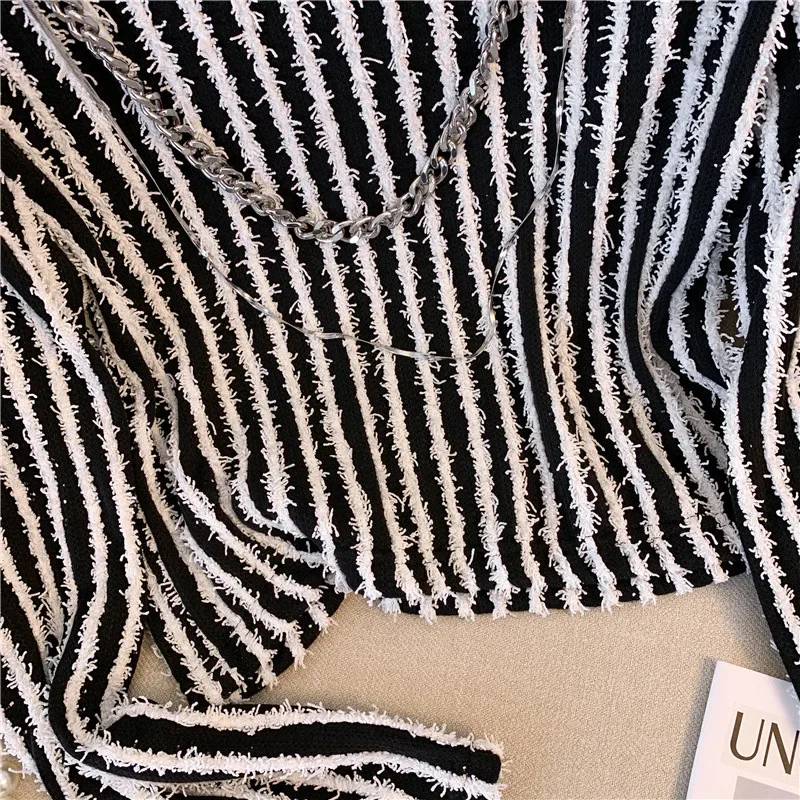 Полосатая футболка на молнии с цветными блоками и бахромой 2023 модный укороченный