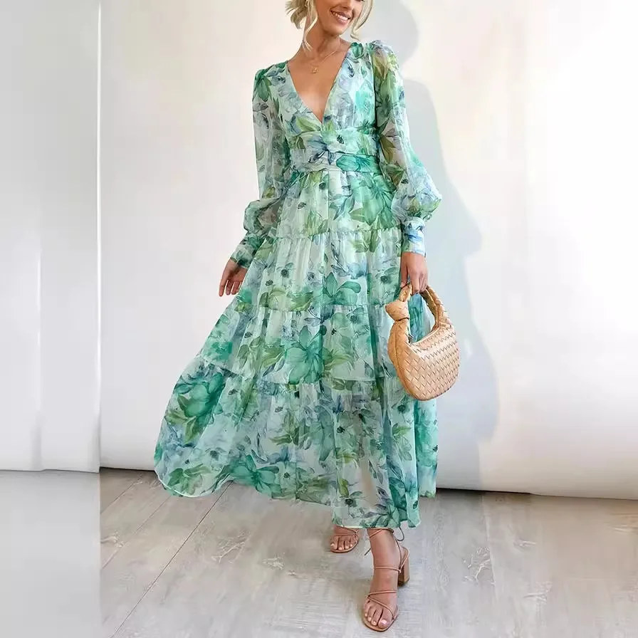 Женское платье с V-образным вырезом и длинными рукавами цвет в ассортименте