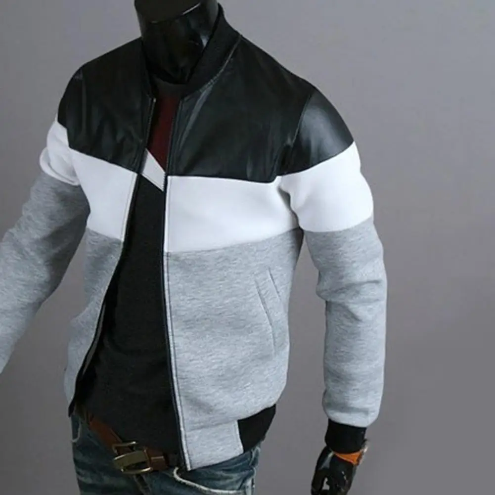 

Casual Men Coat Stand-up Collar Handsome Men Beam Cuff Splicing Jacket Casual Autumn Coat for Daily Life