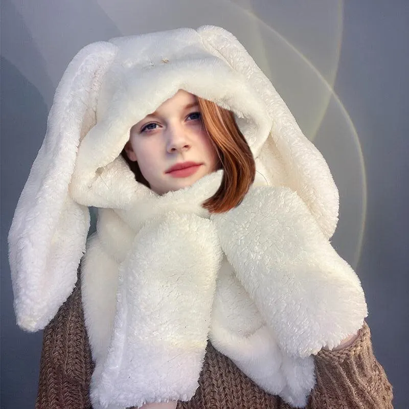Plush Bib Cap Sweet and Cute Rabbit Ears Winter Winterproof Warm Scarf Gloves One Three Piece Set