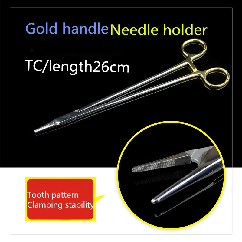 Abdominal surgical instruments 304 stainless steel gold handle insert needle holder Medical needle holder forceps 26 cm longest
