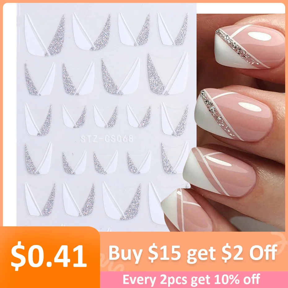 

French Tips Nail Stickers 3D Shiny Glitter Silver White Sliders Decals Nail Art Decorations Adhesive Foils Manicure TRSTZCS068