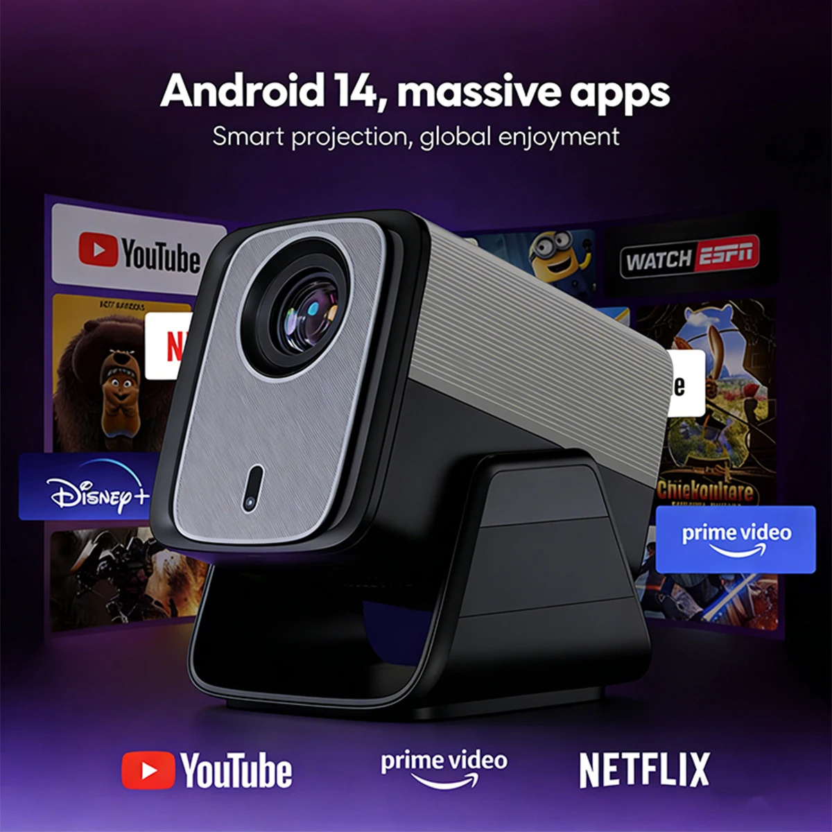Фото Проектор DITONG HD с поддержкой Native 1080P, 4K, WIFI6, BT5.4, Android, мини-проектор, портативный LED-проектор для домашнего кинотеатра. №5