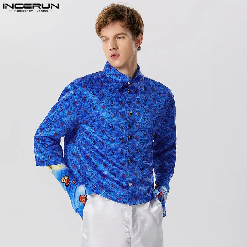 

2023 Men Shirt Printing Lapel 3/4 Sleeve Loose Button Male Crop Tops Streetwear Fashion Casual Camisa Masculina S-5XL INCERUN