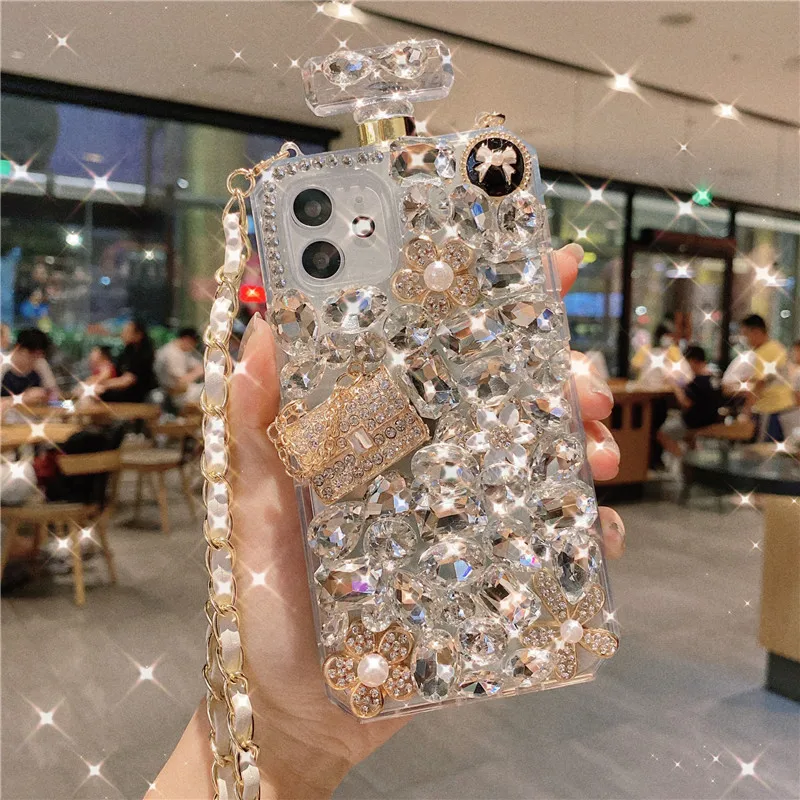 

Crossbody Long Lanyard Protection Phone Case on For iPhone 11 12 13 14 Pro Max Plus Xr XsMax X Xs Soft Back Cover with Diamond