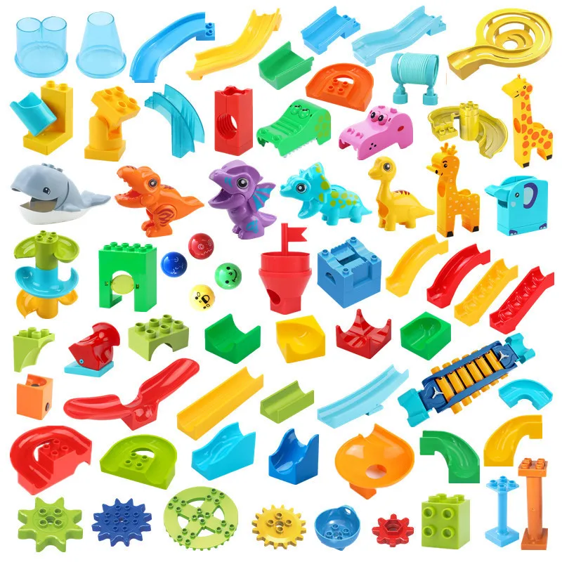 Big Building Blocks Marble Race Run Track Dinosaur Part Compatible Large Brick Rolling Ball Chute Funnel Kids Gift Maze Toy
