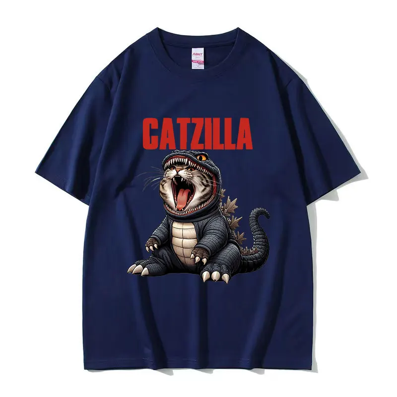 Funny Catzilla Cat Meme T Shirt Men Women Retro High Quality Fashion T-shirts Summer O-Neck Oversized Cotton T-shirt Streetwear