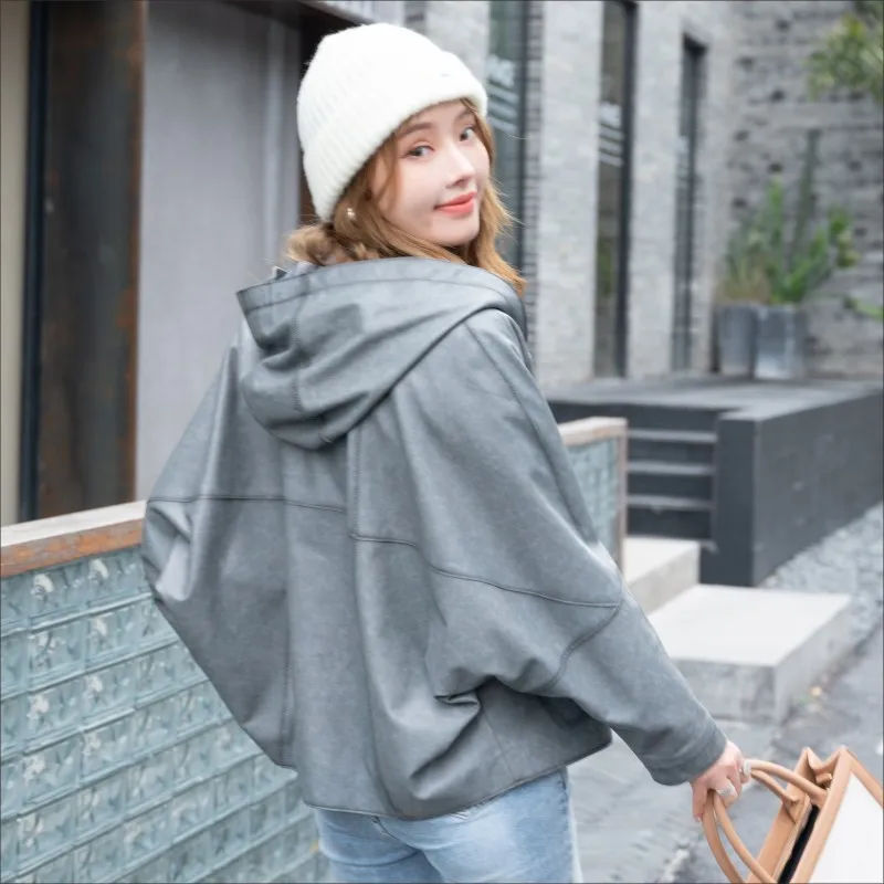 Leather Coat Women's Spring And Autumn Hooded Loose Cape Genuine Leather Coat Female Casual Sheepskin Outerwear