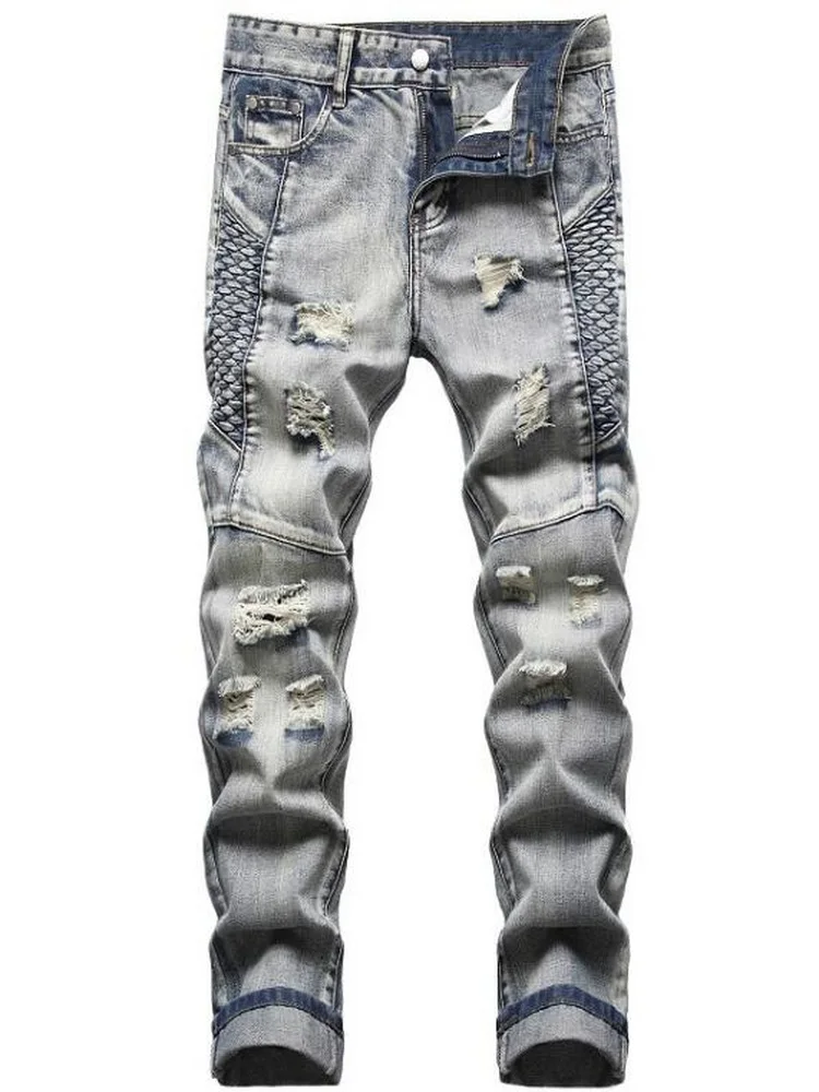 Nostalgic Jeans Men's Hole Personality Embroidered Men's Clothing Jeans Men Hole Denim Pants Stretch Slim Straight Pants