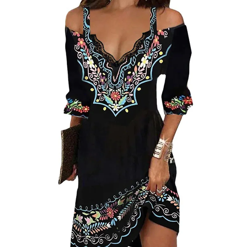 

Женское платье с цветочным принтом, кружевное платье с V-образным вырезом и рукавом три четверти, лето 2023