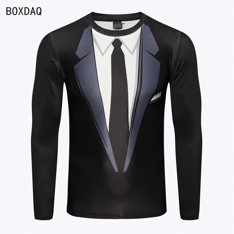 

Men Fake Two-piece T-Shirts 3D Bow Tie Print Casual T Shirts Autumn Long Sleeve O-Neck Loose Cotton Tops Male Fake Suit Tshirt