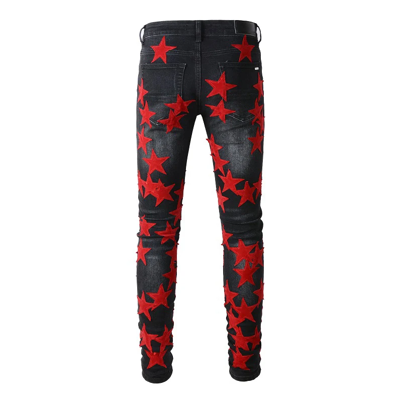 Men's Dark Black Distressed Streetwear Jeans With Red Stars Patches Slim Stretch Skinny High Street Fashion Style Ripped Jeans