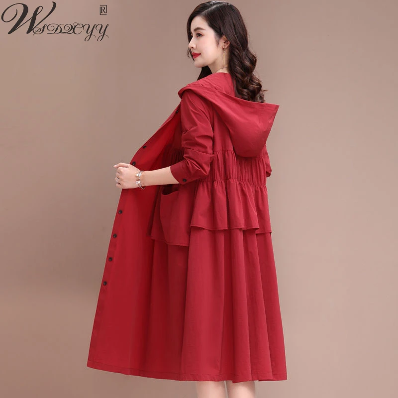 

L-6XL Large Size Ruched Streetwear Windbreaker Women Single Breasted Hooded Full Sleeve Trench Coat For Luxury Designer Clothing