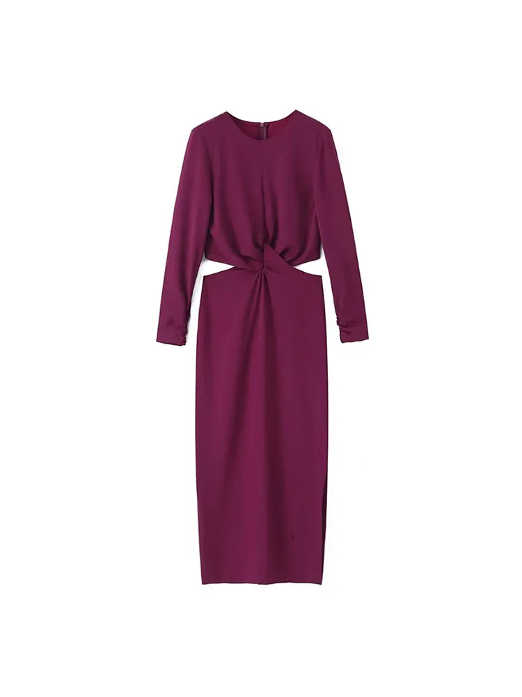 

ZADATA New Women's Fashion Retro Versatile Solid Color Popular Suitable for Office V-Neck Long Sleeve Dress