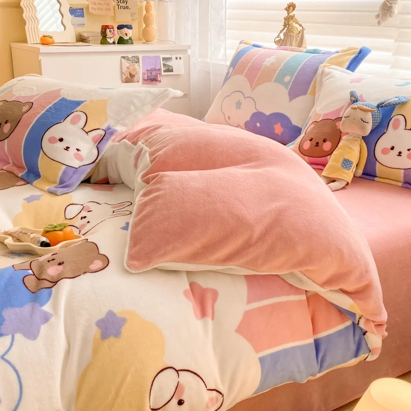 winter fluffy cute pink comforter queen king size bedding set milk velvet warm duvet cover flat bed sheet set with pillows case