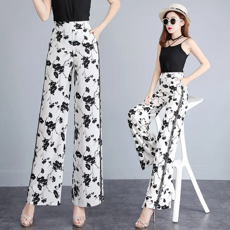 

Элегантные шифоновые брюки с широкими штанинами, женские летние длинные брюки с цветочным принтом, мягкие Свободные повседневные брюки с в...
