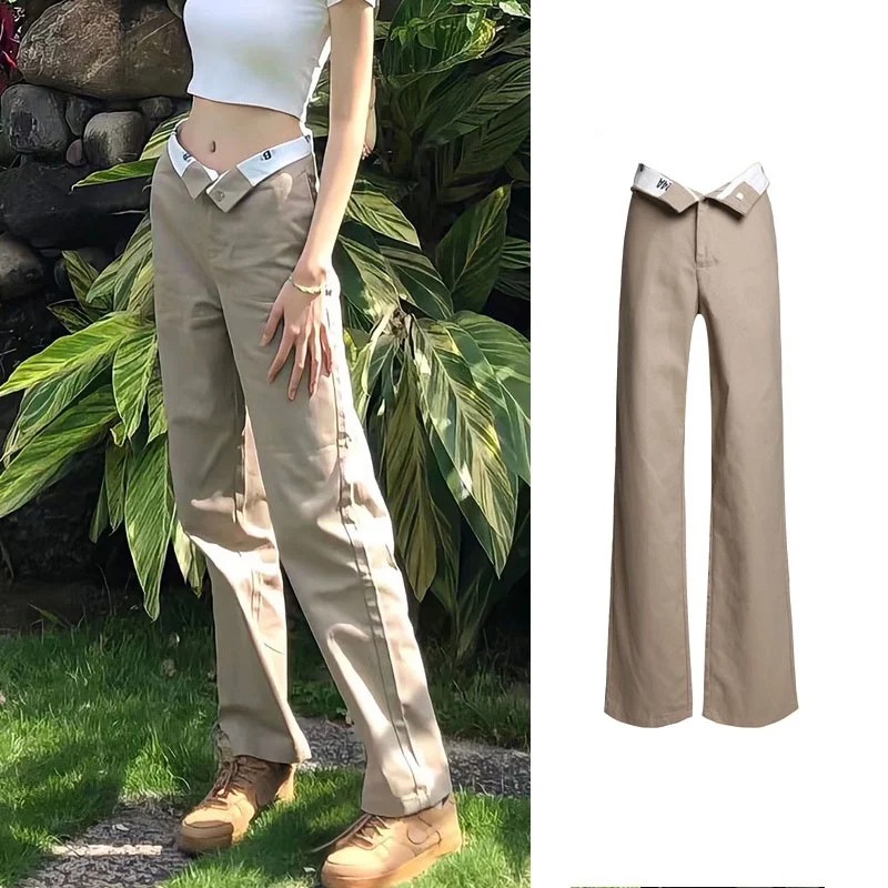 

Korean Fashionable Summer Thin High Waist Straight Casual khaki Pants Khaki Jeans women clothes