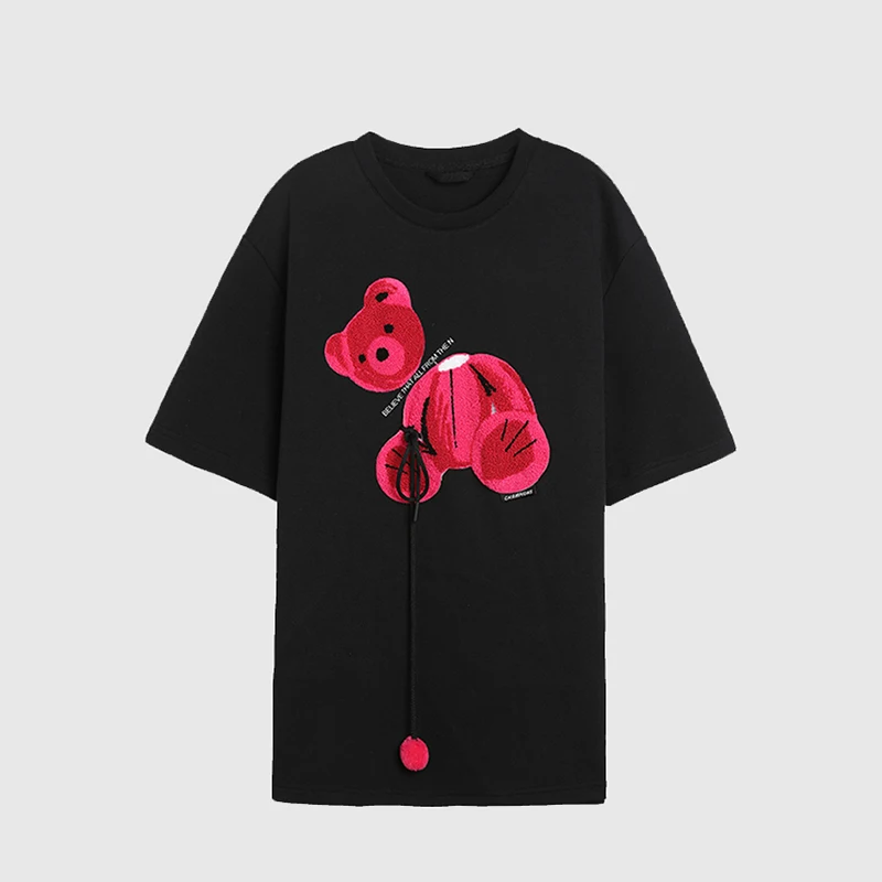 

2022 Casual Fashion Ladies Flocking Bear Graphic T-Shirt Top Classic Black And White Style With Short Skirt Sexy And Charming