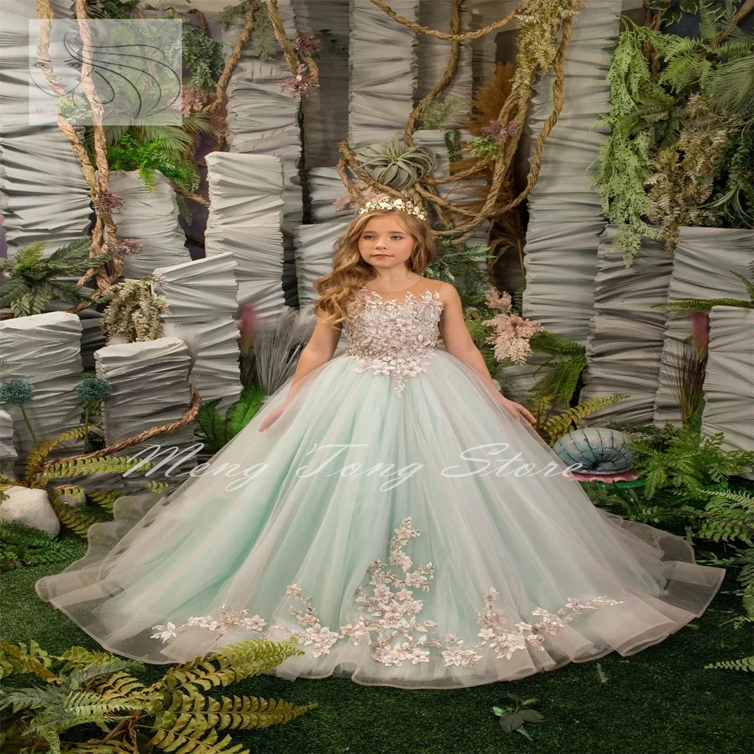 Мятные цветочные платья для девочек длинные из тюля с аппликацией дня рождения