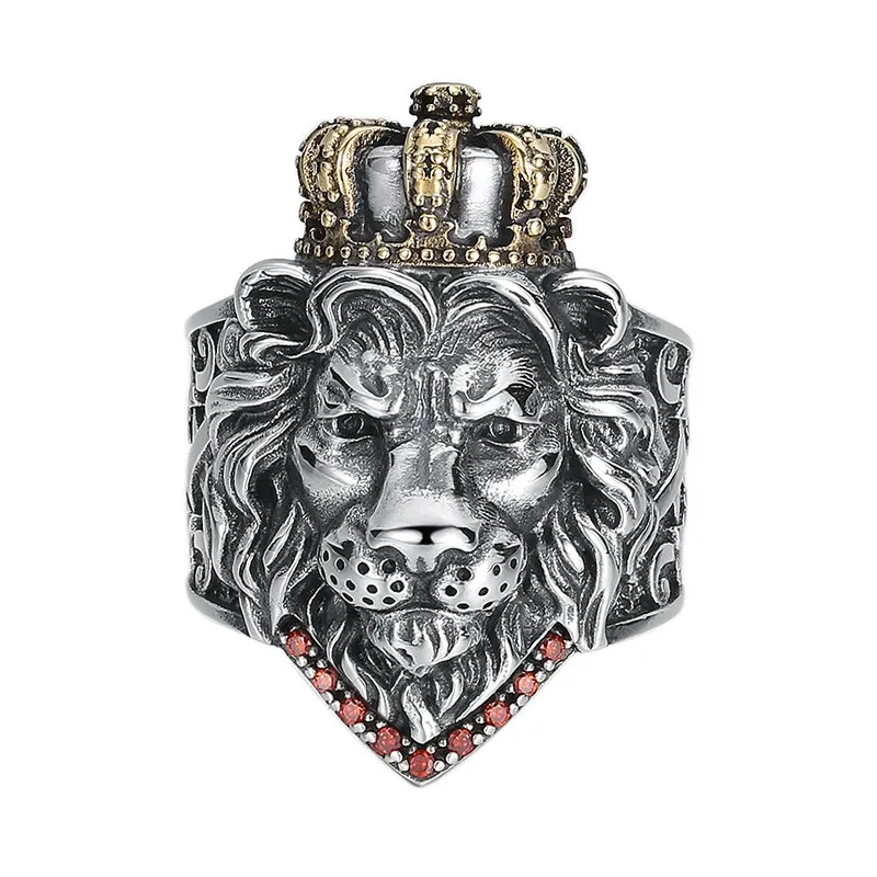 

Real S925 Sterling Silver 925 Classical Retro Handmade Large Domineering Crown King Lion Head Ring Man Woman Fine Jewelry Gift