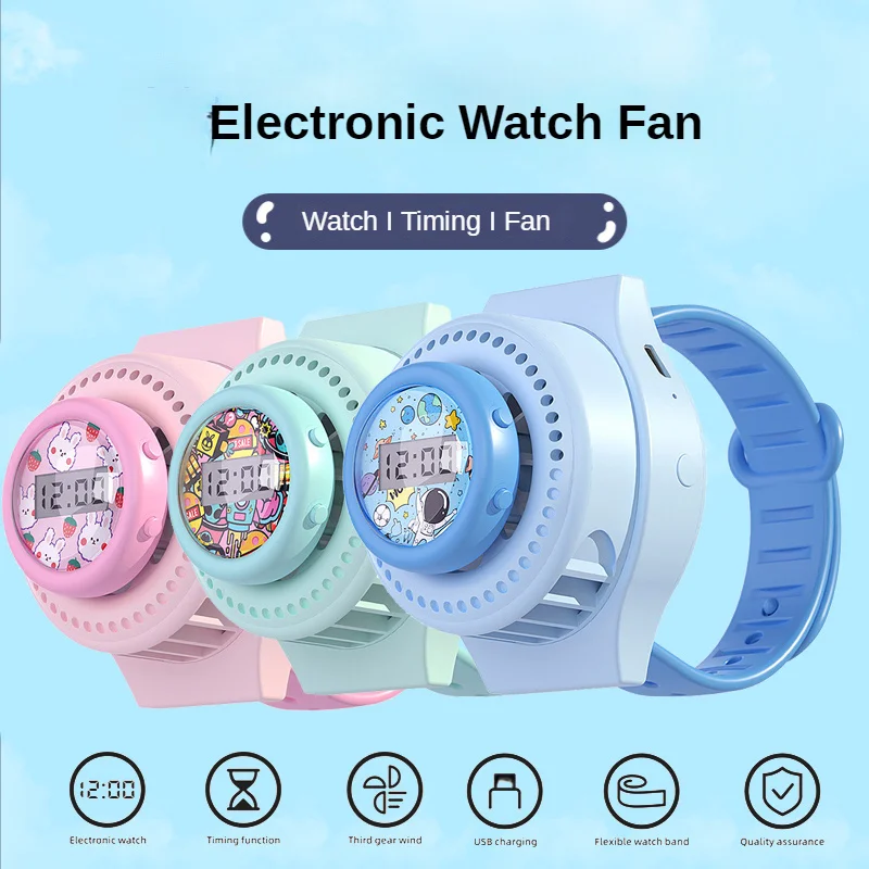 

Cartoon Children Mini USB Clock Digital Timer Fan Gadgets Cool Portable Sports Fan USB Rechargeable Kids Watch Cooler Camping