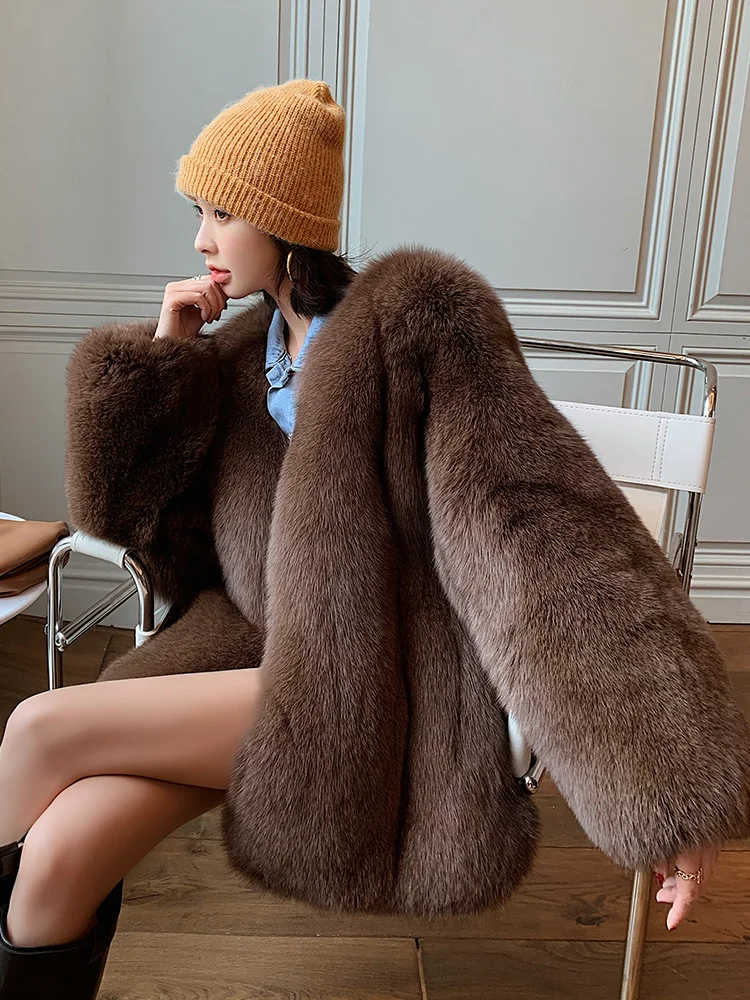 Imported Fox Fur Coats and Jackets Women Coat Long Sleeve Real Genuine Fur Women's Mid-length V-neck Coat Winter New