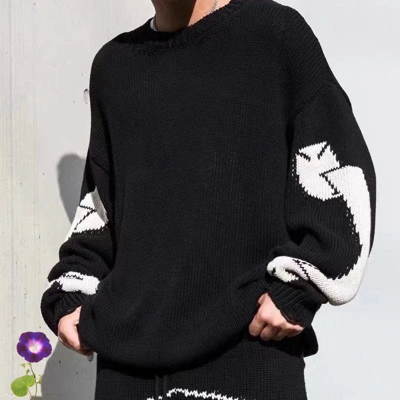 

ASKYURSELF Sweater Sleeve White Scroll Classic Pattern Pullovers Men Women Oversized Black Askyurself Tops