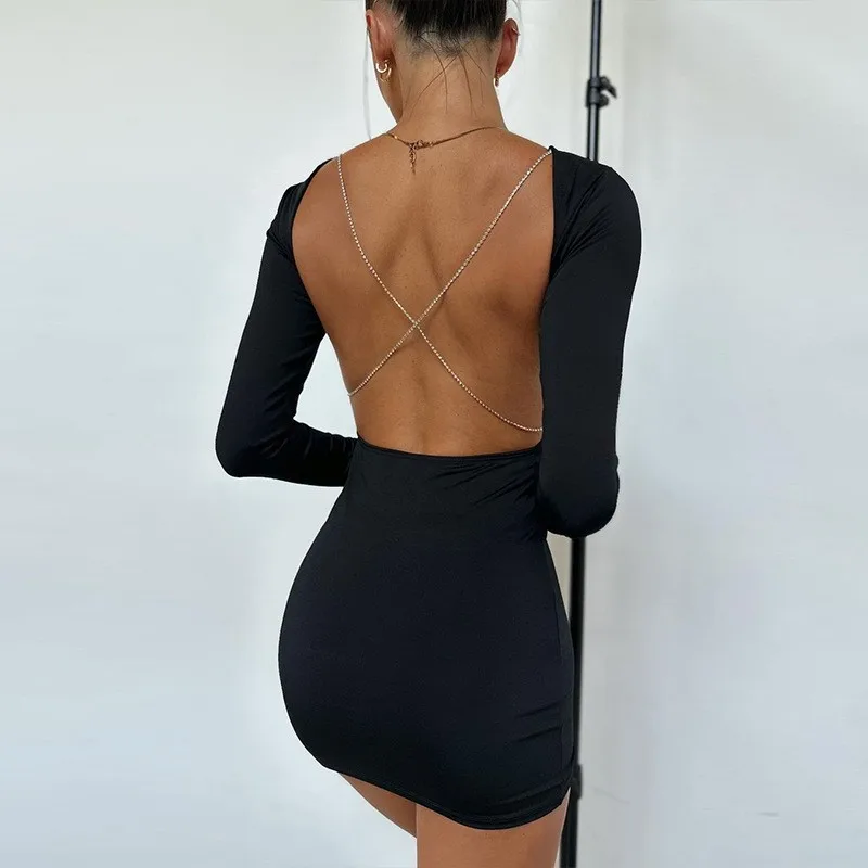 

Cover Up Dress Beach Bathrobe Summer Outfit For Women 2023 New Neck Long Sleeve Chain Decoration Backless Sexy Tight Solid