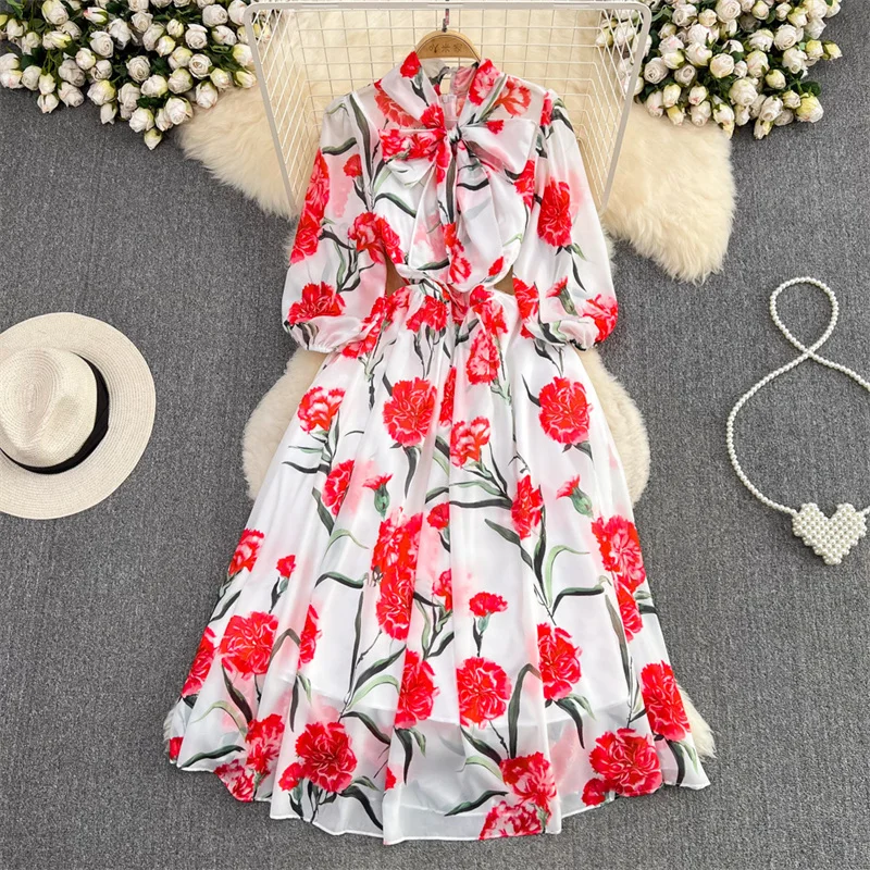 

Fashion Women Mid-Length Flower Printed Red Chiffon Dress 2023 Spring Summer New Bow Lace-up Puff Sleeve Ladies Dresses Vestidos