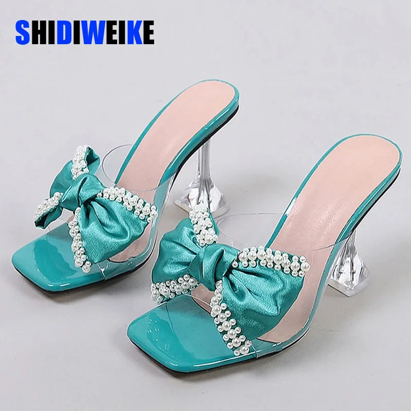 

SDWK 9cm New Style Pink Women Slippers Sandals Fashion Pearl Bowknot High Heels PVC Transparent Shoes Summer Mule Slides Pumps